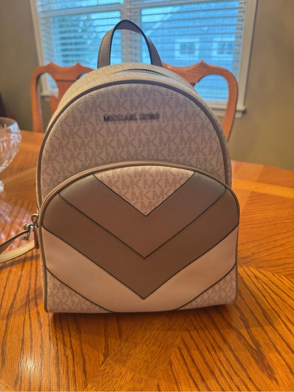 Michael Kors Chevron Accent Mini Backpack in white and gray